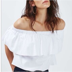 Top Shop, size 2, White Off-Shoulder Ruffle short crop fitted Top